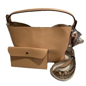 ALDO Tan Faux Leather Bucket Shoulder Bag + Wallet Set w/ Scarf Strap